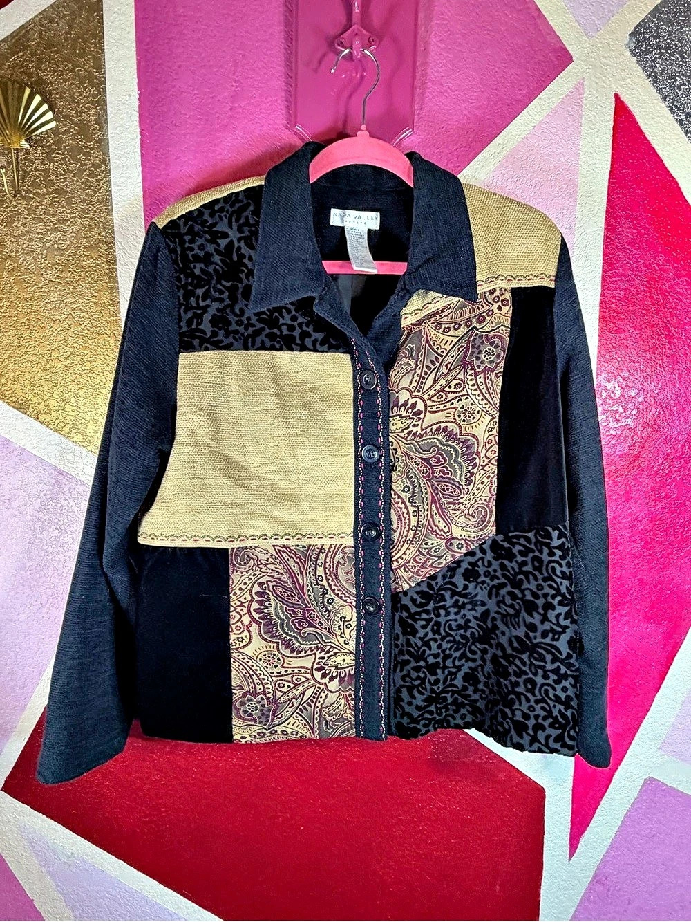 Vintage 90s Napa Valley Patchwork Jacket Paisley Burnout Velvet Chenille PL